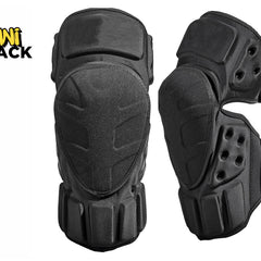 A pair of protective black motorcycle or tactical knee and shin guards with thick padding, featuring the "Kiwi Shack" logo in the top-left corner.