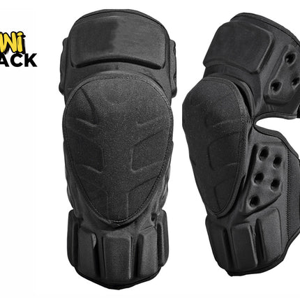 A pair of protective black motorcycle or tactical knee and shin guards with thick padding, featuring the "Kiwi Shack" logo in the top-left corner.