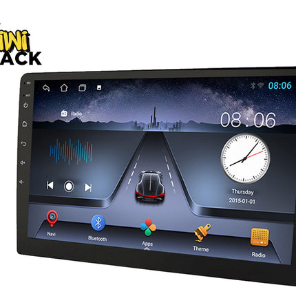 Car multimedia display with interface elements and 'Kiwi Shack' branding.