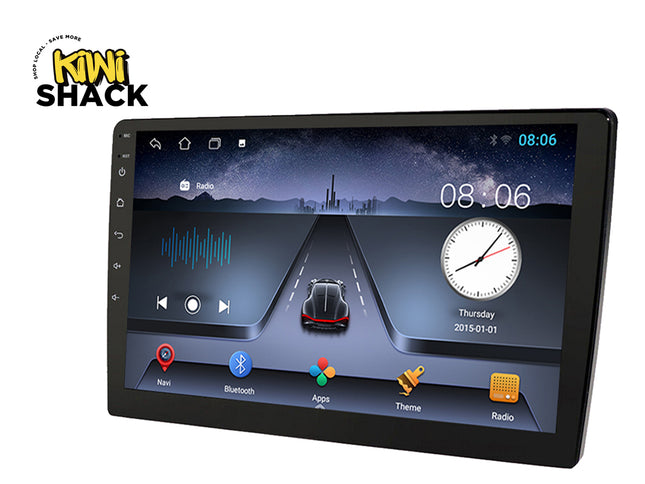 Car multimedia display with interface elements and 'Kiwi Shack' branding.