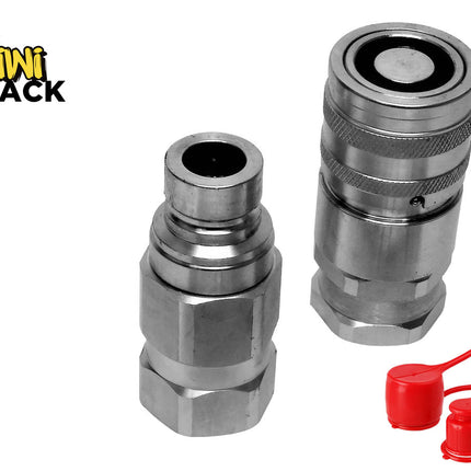 Two metallic quick-disconnect hose couplings shown on a white background, with a red cap and loop accessory in the lower right. The Kiwi Shack logo is visible in the upper left.