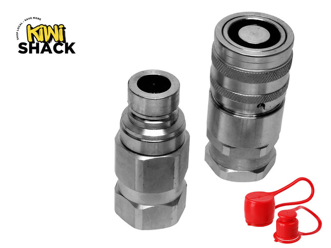 Two metallic quick-disconnect hose couplings shown on a white background, with a red cap and loop accessory in the lower right. The Kiwi Shack logo is visible in the upper left.