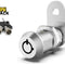 A chrome tubular cam lock with a threaded body, mounting nut, and flat locking arm, accompanied by two specialized tubular keys against a white background. A "Kiwi Shack" logo appears in the top-left corner.