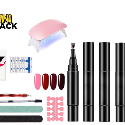 A complete gel nail kit including a mini pink UV/LED lamp, multiple black one-step gel polish pens, nail files, cuticle pushers, tip guides, toe separators, and colored polish samples, featuring a "Kiwi Shack" logo in the top left corner.