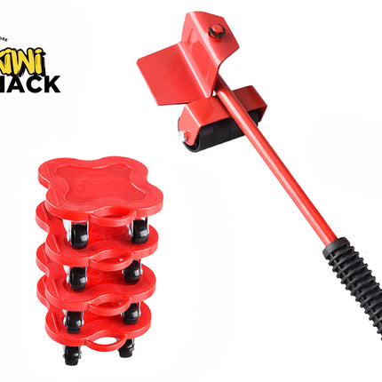 Red heavy-duty furniture lifter/crowbar tool with rubber grip and rolling fulcrum head, shown alongside a stack of four red clover-shaped mobile furniture mover dollies with black caster wheels, featuring the Kiwi Shack logo in top left.