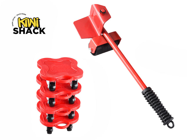 Red heavy-duty furniture lifter/crowbar tool with rubber grip and rolling fulcrum head, shown alongside a stack of four red clover-shaped mobile furniture mover dollies with black caster wheels, featuring the Kiwi Shack logo in top left.