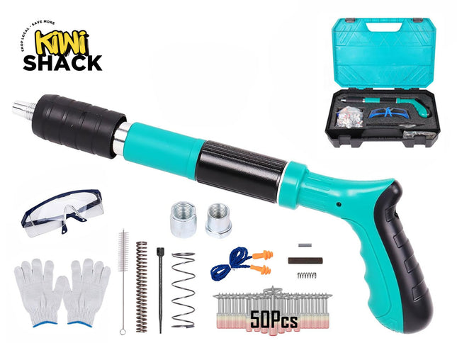 Kiwi Shack heavy-duty manual nail gun fastener tool set with protective gear, replacement springs, drive pins, and storage case.
