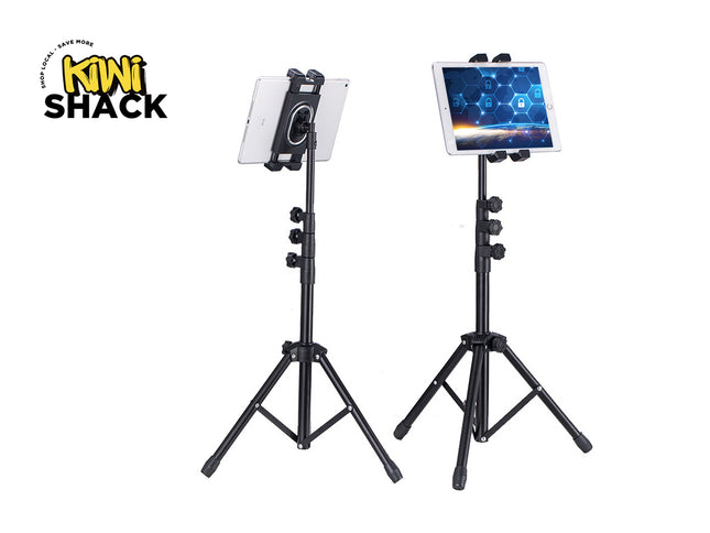 Two tablet stands with tablets on a white background, featuring the Kiwi Shack logo.