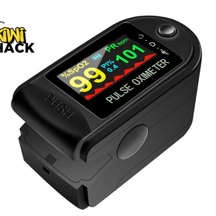 Pulse oximeter with digital display on a white background, branded as Kiwi Shack.