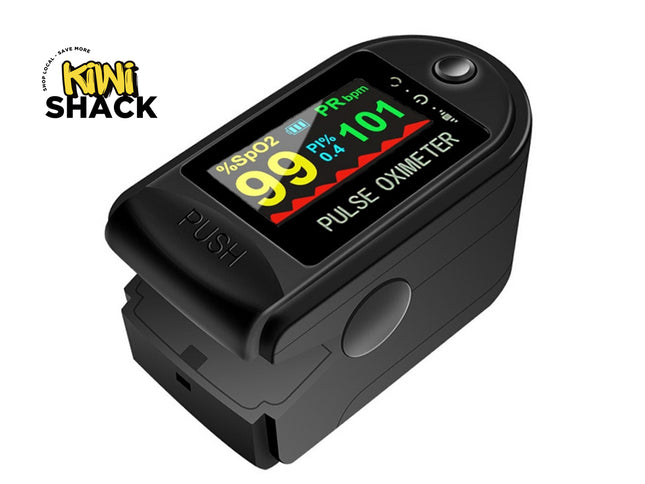 Pulse oximeter with digital display on a white background, branded as Kiwi Shack.