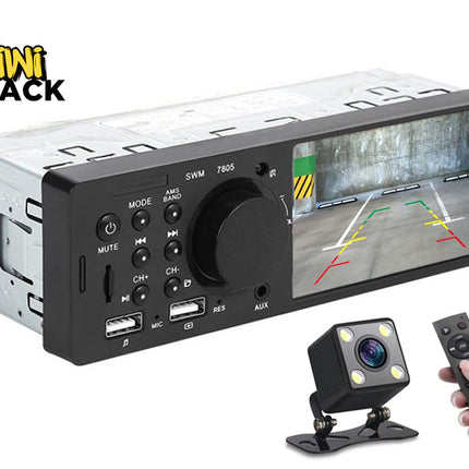 Car stereo system with camera and remote control on a white background, featuring Kiwi Shack brand.