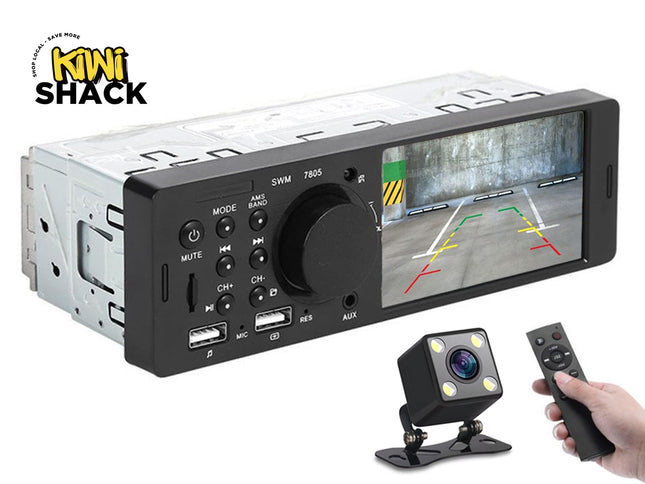 Car stereo system with camera and remote control on a white background, featuring Kiwi Shack brand.