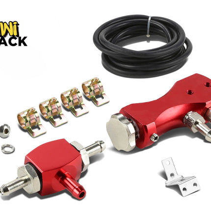 An automotive kit with red anodized aluminum valve components, metal hose clamps, mounting hardware, and a black hose, featuring the "Kiwi Shack" logo in the top-left corner.