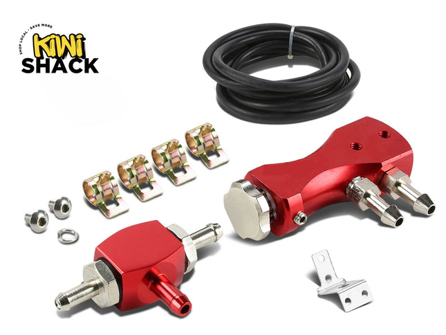 An automotive kit with red anodized aluminum valve components, metal hose clamps, mounting hardware, and a black hose, featuring the "Kiwi Shack" logo in the top-left corner.