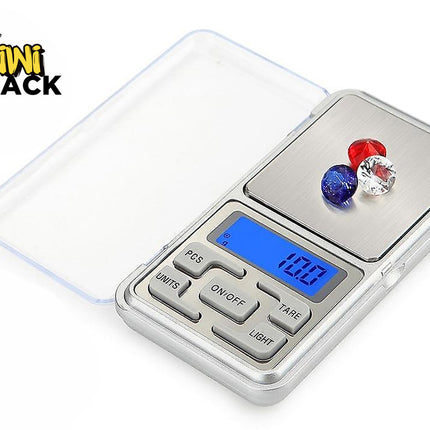 Digital pocket scale with two colorful stones on a white background, branded 'Kiwi Shack'.