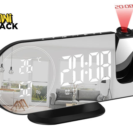 6 in 1 Digital Alarm Clock with 180° Projector FM Radio USB Charger Temperature Humidity Monitor Dual Alarm 7 Inch LED Display