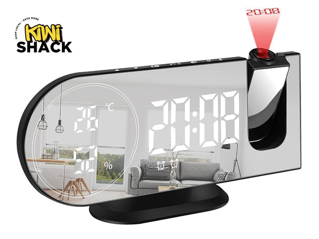 6 in 1 Digital Alarm Clock with 180° Projector FM Radio USB Charger Temperature Humidity Monitor Dual Alarm 7 Inch LED Display