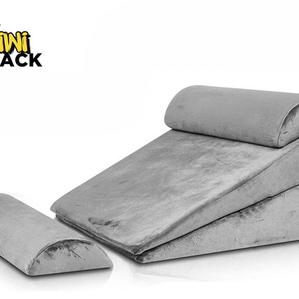 Kiwi Shack adjustable multi-piece grey memory foam bed wedge pillow system for acid reflux, snoring, and post-surgery support.