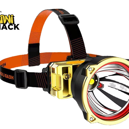 Headlamp with gold and black design on a white background, featuring the Kiwi Shack brand.