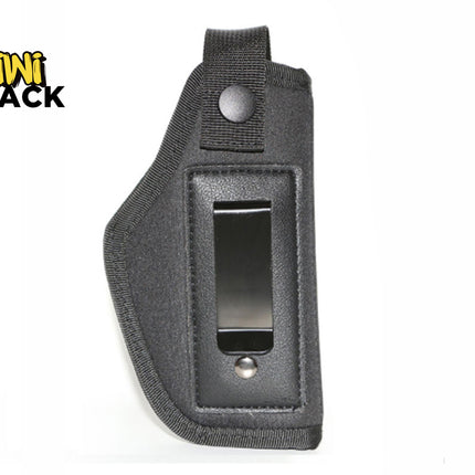 A black nylon concealed carry holster featuring a sewn-on metal belt clip, a retention strap with a snap button, and reinforced edge stitching against a white background, featuring the "Kiwi Shack" logo in the upper left corner.