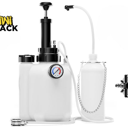 A manual brake fluid bleeder kit featuring white fluid reservoirs, a hand pump mechanism with a built-in pressure gauge, clear connecting hoses, a collection bottle with a hanging chain, and a replacement master cylinder cap adapter, set against a white background. A "Kiwi Shack" logo appears in the top-left corner.