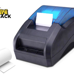 A black and blue thermal paper label printer shown on a white background with a roll of white paper and a Kiwi Shack logo in the top-left corner.