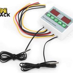 A dual digital temperature controller module with dual LED displays, programming buttons, wiring harnesses, and two NTC probe sensors, featuring the "Kiwi Shack" logo in the top-left corner.