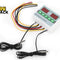 A dual digital temperature controller module with dual LED displays, programming buttons, wiring harnesses, and two NTC probe sensors, featuring the "Kiwi Shack" logo in the top-left corner.