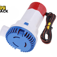 A submersible electric bilge pump with a blue base, white body, red top, and attached wiring cables, featuring the "Kiwi Shack" logo in the top-left corner.