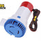 A submersible electric bilge pump with a blue base, white body, red top, and attached wiring cables, featuring the "Kiwi Shack" logo in the top-left corner.