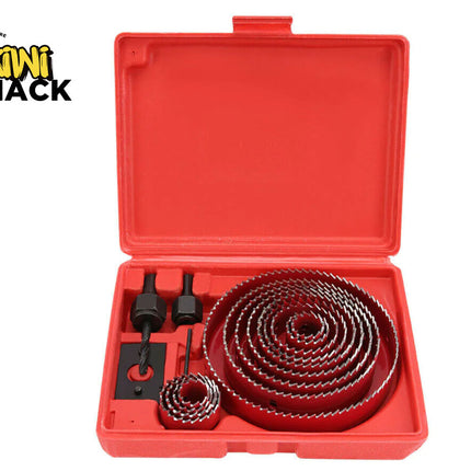 Red tool kit with drill bits and accessories on a white background, branded 'Kiwi Shack'.