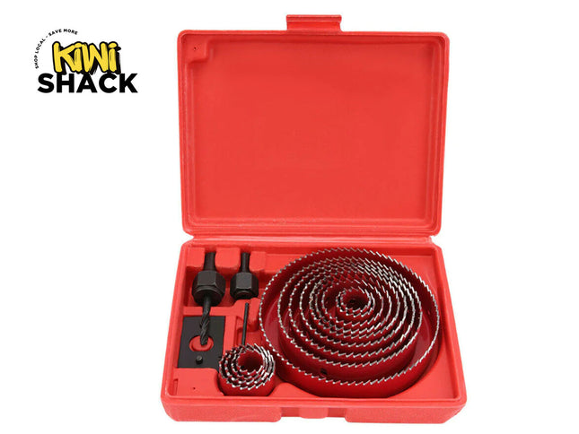 Red tool kit with drill bits and accessories on a white background, branded 'Kiwi Shack'.