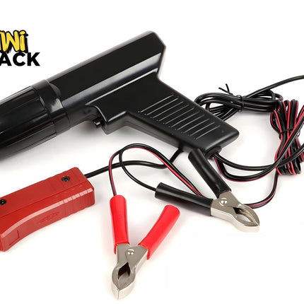 Car jump starter kit with red battery pack, black jump starter, and pliers on a white background. Kiwi Shack brand visible.