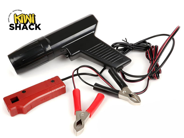 Car jump starter kit with red battery pack, black jump starter, and pliers on a white background. Kiwi Shack brand visible.