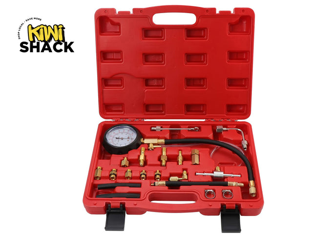 Red tool kit with diagnostic equipment on a white background, branded with 'Kiwi Shack'.