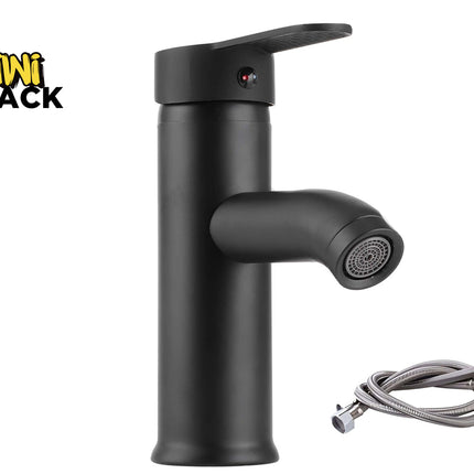 Black kitchen faucet with hose on a white background, featuring the Kiwi Shack brand.