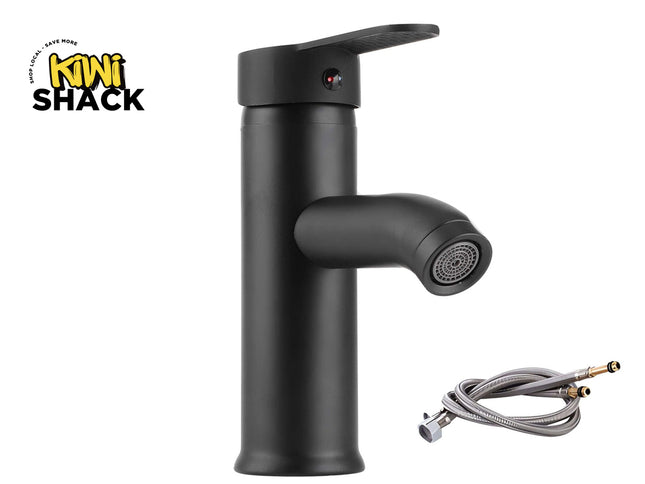 Black kitchen faucet with hose on a white background, featuring the Kiwi Shack brand.