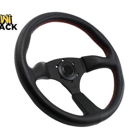 Black steering wheel with red stitching on a white background, featuring Kiwi Shack logo.