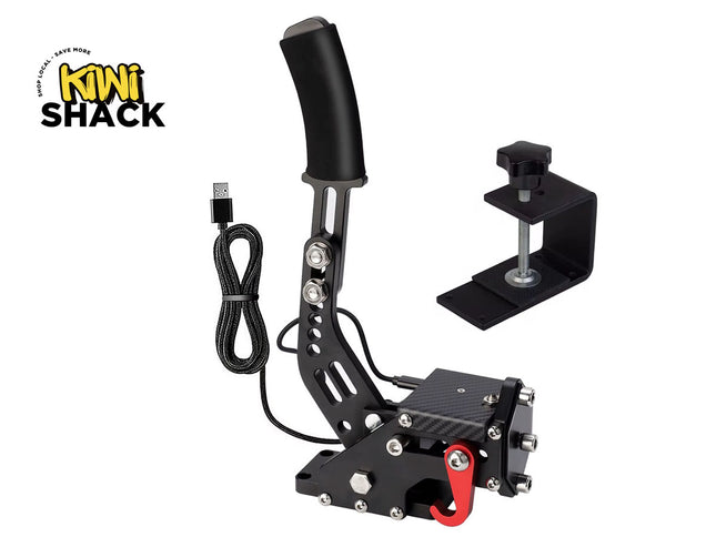 Black mechanical device with a cable and clamp, branded 'Kiwi Shack'.