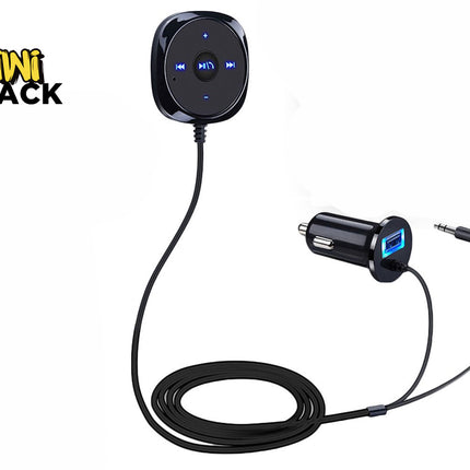 A black car charger adapter with a built-in Bluetooth speaker control module, connected by a coiled cable to a 3.5mm audio jack.