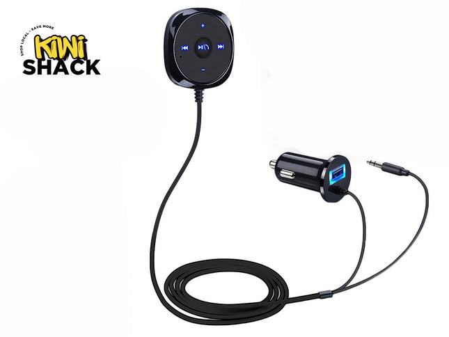 A black car charger adapter with a built-in Bluetooth speaker control module, connected by a coiled cable to a 3.5mm audio jack.