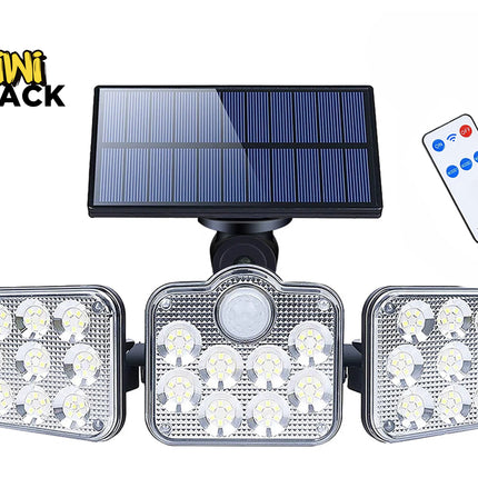 Solar light fixture with three LED panels, a solar panel, and remote control on a white background. Brand 'Kiwi Shack' visible.
