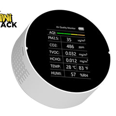 Air quality monitor with digital display on a white background, branded 'Kiwi Shack'.
