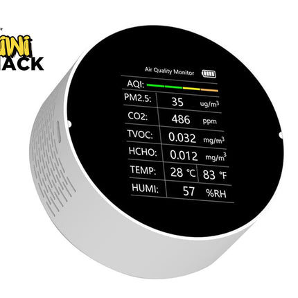 Air quality monitor with digital display on a white background, branded 'Kiwi Shack'.