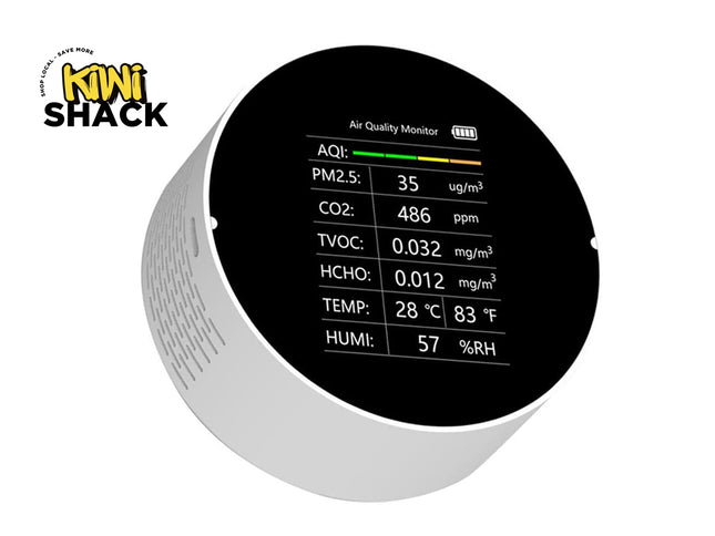 Air quality monitor with digital display on a white background, branded 'Kiwi Shack'.