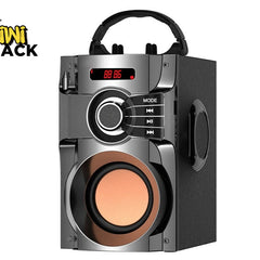 Black and silver speaker with control panel on a white background, featuring the Kiwi Shack logo.