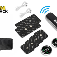 A wireless TENS muscle stimulator set including electrode pads, two circular controllers with digital displays, a handheld remote, connecting cables, and a black carrying case, featuring a "Kiwi Shack" logo in the top left corner.