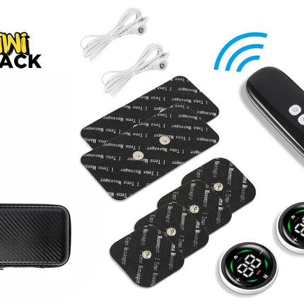 A wireless TENS muscle stimulator set including electrode pads, two circular controllers with digital displays, a handheld remote, connecting cables, and a black carrying case, featuring a "Kiwi Shack" logo in the top left corner.
