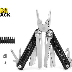 Multi-tool with black and silver handles opened to show pliers, surrounded by extended blades, a file, a saw, scissors, and a set of interchangeable screwdriver bits with an Allen key and replacement cutters on the left, featuring Kiwi Shack logo in top left.