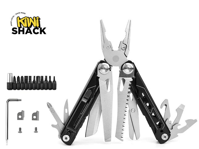 Multi-tool with black and silver handles opened to show pliers, surrounded by extended blades, a file, a saw, scissors, and a set of interchangeable screwdriver bits with an Allen key and replacement cutters on the left, featuring Kiwi Shack logo in top left.